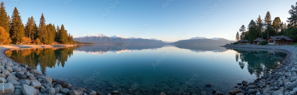 Fototapeta premium Panoramic view of Payette Lake at dawn. Mountains reflect in calm water. Trees and cabins line the rocky shore. Early morning light illuminates the tranquil Idaho landscape.