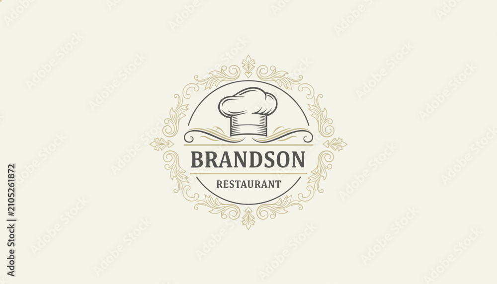 Fototapeta premium Elegant restaurant logo for Brandson featuring a classic chef hat sketch enclosed in an ornate gold circular foliage frame.