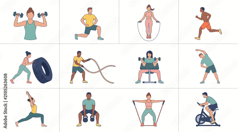 Fototapeta premium Diverse illustrated fitness activities with various individuals performing different exercises, concept for promoting health and wellness, ideal for gym ads, workout apps, and lifestyle blogs.
