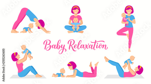Serene mother-baby yoga illustrations with diverse relaxation and bonding poses, representing postnatal fitness, family well-being, and early childhood development, perfect for health blogs,
