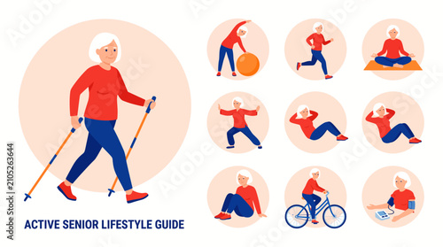 Active senior woman engaging in diverse fitness activities, illustrating a healthy lifestyle guide, perfect for wellness blogs, retirement communities, and healthcare promotions.