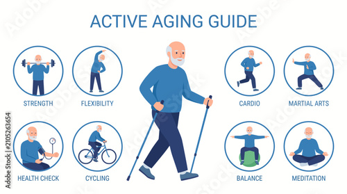 Engaging active aging guide with diverse senior exercises including Nordic walking and yoga, promoting holistic well-being for older adults, for health content and wellness programs.