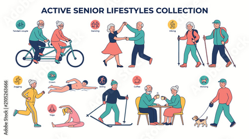Vibrant senior individuals engaged in diverse recreational activities, illustrating an energetic retirement lifestyle for health and fitness campaigns, retirement planning resources, and senior care