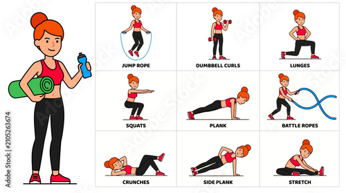 Active cartoon woman demonstrating various fitness exercises like jump rope, squats, lunges, and planks, illustrating a healthy lifestyle and workout routine for personal training and wellness.