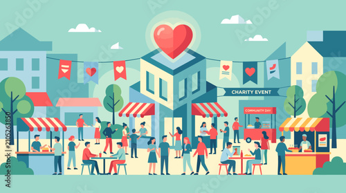 Fotografi Lively charity festival with cheerful crowds and festive heart banners, concept for fundraising events and social gatherings, ideal for non-profit promotions and community outreach