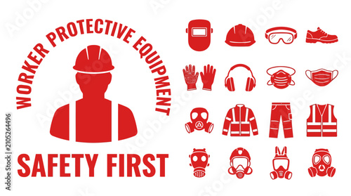 Schilderij op canvas Essential Worker Protective Equipment Collection with Safety First Message, Repr