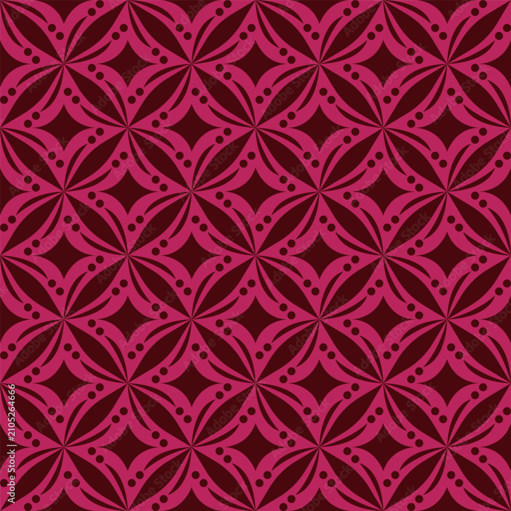 Fototapeta premium Seamless geometric pattern with stylized floral motifs in shades of pink and red.