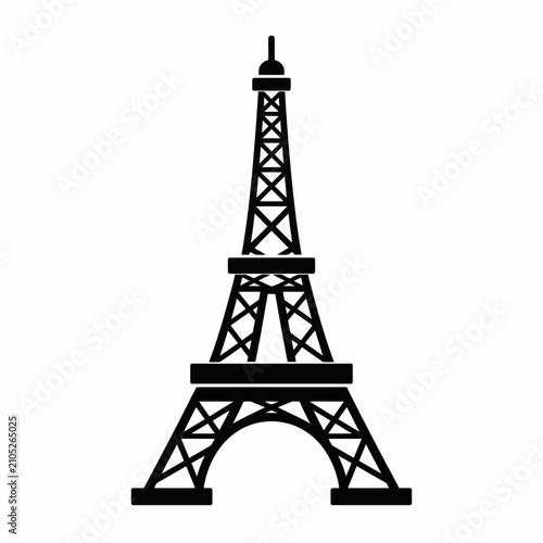 Black silhouette of the Eiffel Tower landmark icon isolated on white background.