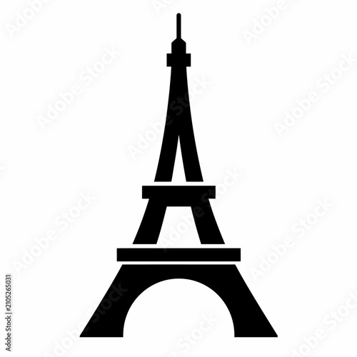 Black silhouette of the Eiffel Tower landmark icon isolated on white background.