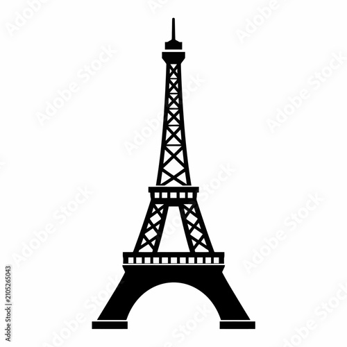 Black silhouette of the Eiffel Tower landmark in Paris France isolated on white background.
