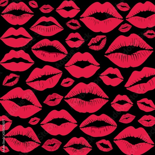 Vibrant neon pink lipstick kisses seamless pattern on black background.