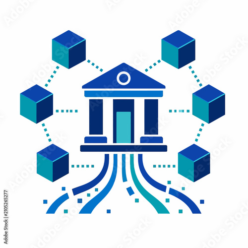 Blockchain technology concept icon showing decentralized banking system with digital data blocks and financial building.
