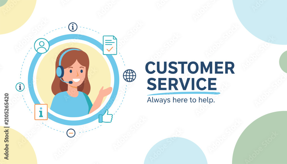 Fototapeta premium Corporate customer service banner featuring a friendly female support representative wearing a headset.