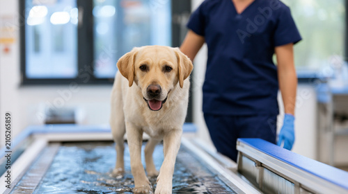 Veterinary Physiotherapist Supervising Dog on Underwater Treadmill in Modern Rehabilitation Center