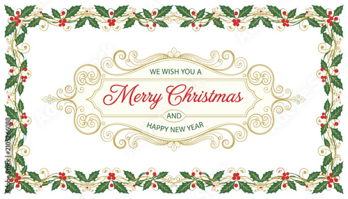 Elegant Christmas greeting card design with traditional green holly leaf border and gold vintage frame on white background.