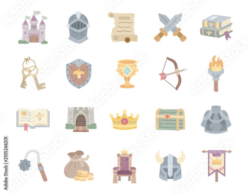 History set featuring castle helmet scroll sword book key shield chalice bow torch fortress crown chest armor throne banner