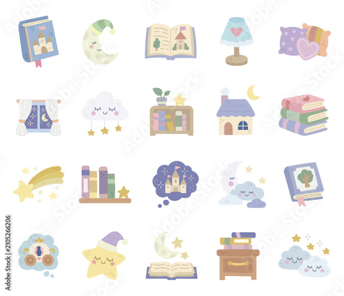 Bedtime story set featuring moon nightcap castle bookshelf carriage cottage pillow window cloud starlight nursery literature fantasy dream sleep imagination