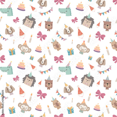 Holiday birthday animal seamless pattern set featuring crocodile dog hedgehog bear cake candle monkey gift bow party hat garland celebration