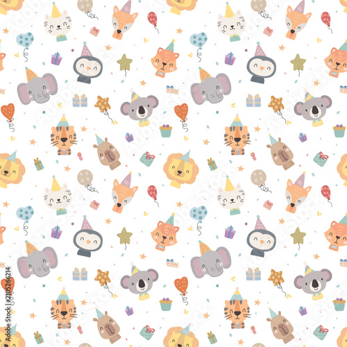 Holiday birthday animal seamless pattern set featuring cat fox penguin elephant koala tiger lion capybara gift balloon cupcake star confetti