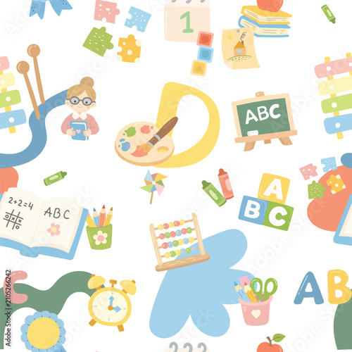 School education pedagogy seamless pattern set featuring teacher blackboard palette books abacus clock calendar pinwheel cubes xylophone pencils crayons apple