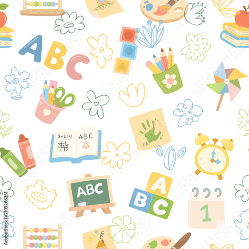 School education pedagogy seamless pattern set featuring flowers palette pinwheel pencils blackboard apple books calendar abacus alphabet blocks crayons stationery