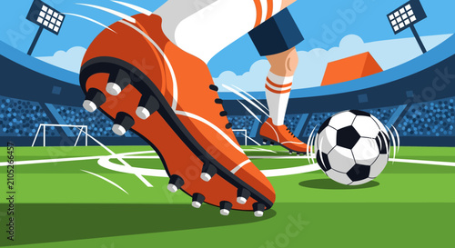 Dynamic Illustration of a Soccer Player Kicking a Ball in a Stadium
