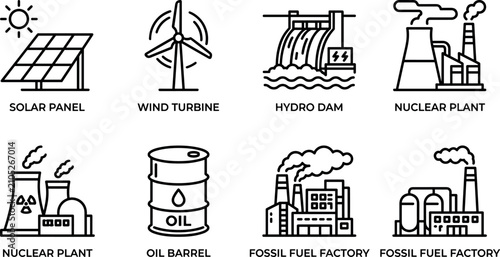 Foto Set of energy and power generation icons including solar panel, wind turbine, hy