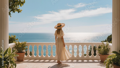 Elegant Woman in Sundress and Hat Admiring Sparkling Blue Ocean View from Balcony