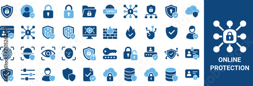 Online Protection Icon Set Featuring Cyber Security, Data Privacy, Identity Protection, Secure Access, Network Security, And Digital Safety Vector Illustration