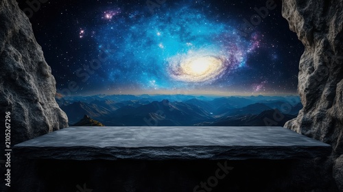 Stone shelf display overlooking dramatic mountain range under vast cosmic galaxy sky night scene