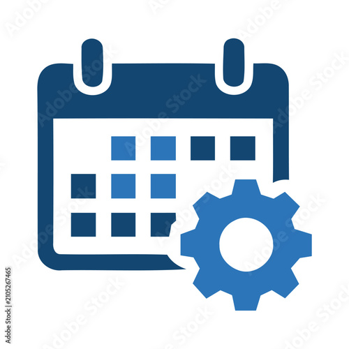 Financial planning calendar icon featuring gear mechanism and schedule symbols. Professional editable vector icon for banking automation and scheduled payments.