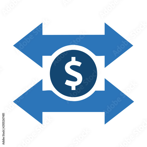 Money exchange and transfer icon featuring dollar currency and opposite arrows symbols. Professional editable vector icon for banking transactions and currency conversion.
