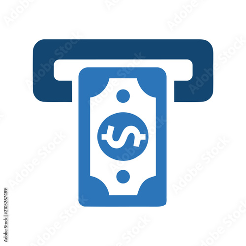 ATM cash withdrawal icon featuring machine slot and paper money symbols. Professional editable vector icon for banking terminals and physical currency access.