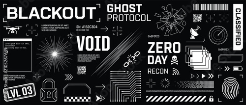Cuadro en lienzo Cyberpunk hacker badge vector set with ghost protocol zero day recon classified