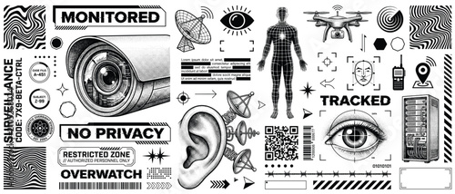 Surveillance monitored tracked vector set with restricted zone overwatch drone camera eye icons black white futuristic streetwear graphic t-shirt poster sticker print template