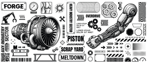 Canvastavla Forge heavy industry piston vector set with scrap yard meltdown overdrive turbin