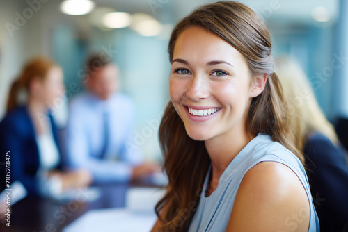 Portrait of happy confident young very attractive businesswoman CEO professional manager in a skirt in a business meeting looking at camera