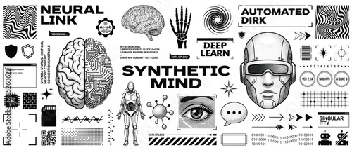 Quadro su tela Neural link synthetic mind vector set with deep learn automated dirk android bra