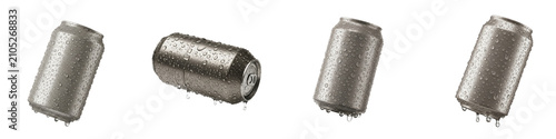 Four aluminum soda cans with water drops isolated on black background