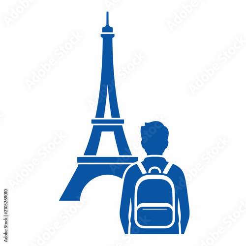 Blue silhouette of a male traveler with backpack looking at the Eiffel Tower in Paris France.