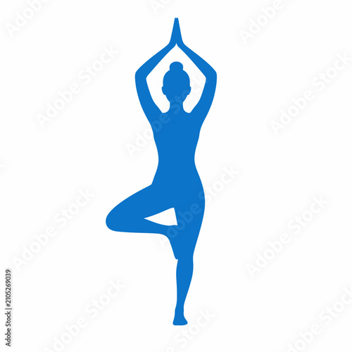 Blue silhouette of a woman practicing yoga tree pose with hands raised in prayer position.