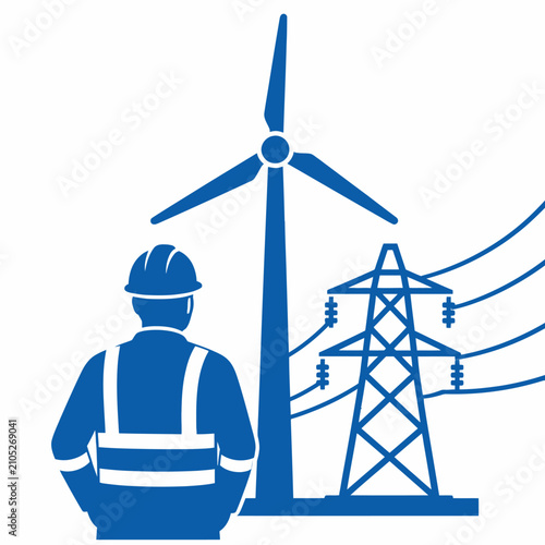 Blue silhouette of an engineer looking at a wind turbine and power lines for renewable energy.