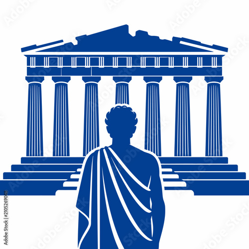 Blue silhouette of ancient Greek philosopher standing before the Parthenon temple ruins.