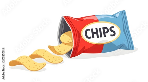 Chips spill from a colorful foil snack bag onto a surface.