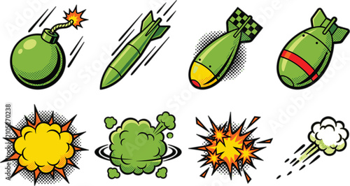 Canvastavla Comic Book Bomb and Explosion Effect Icon Set with Retro Pop Art Missiles Torped