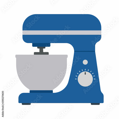 Blue electric stand mixer with silver bowl for baking and cooking illustration.