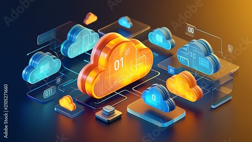 Isometric 3D cloud computing icons in vibrant blue and orange, representing data storage and digital network services.