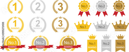 Professional collection of winner ranking icons featuring gold, silver, and bronze award badges with laurel wreaths, crowns, ribbons, medals, and ranking labels.