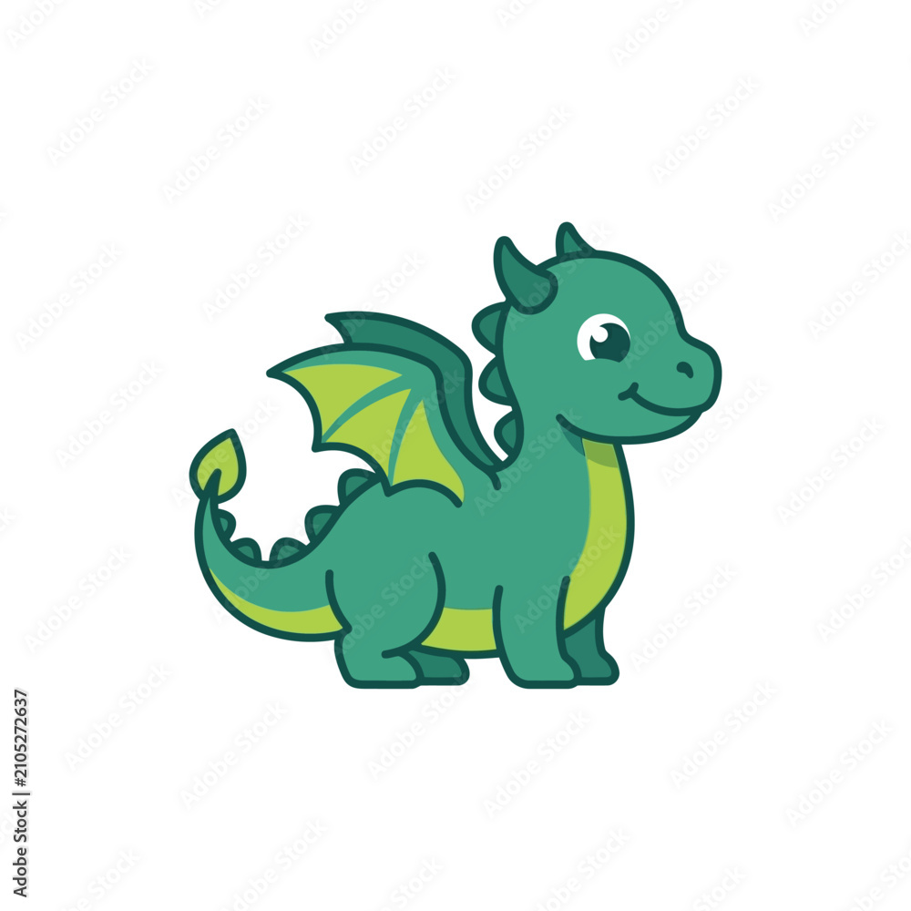 Fototapeta premium Cute green baby dragon, cartoon style, fantasy creature, isolated on white background
