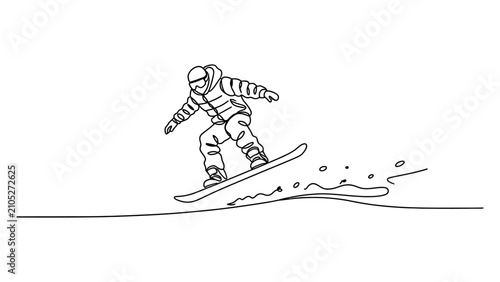 Foto Continuous single line drawing of a snowboarder jumping high on a snowboard isol
